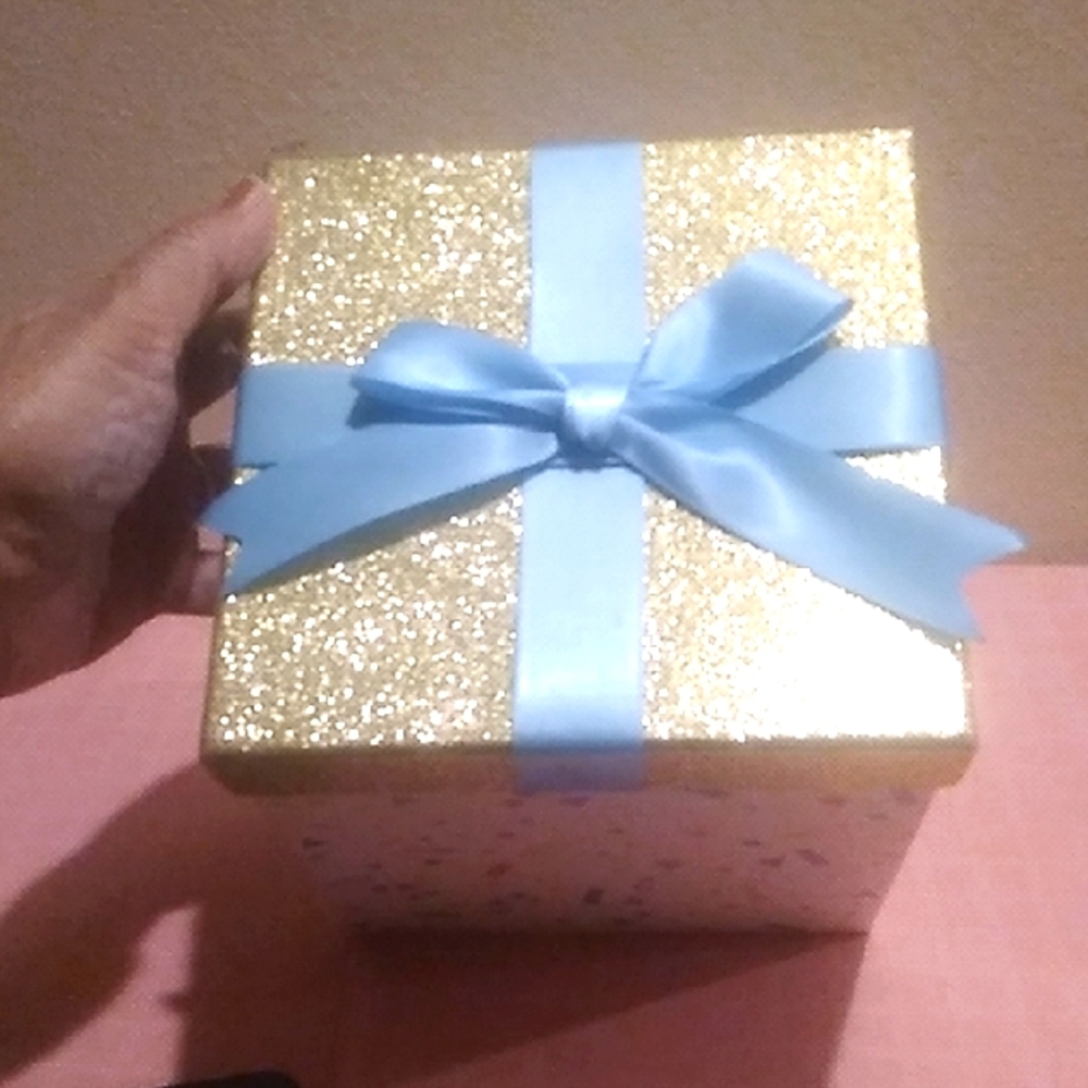 Gold Glitter Gift Box with Blue Ribbon